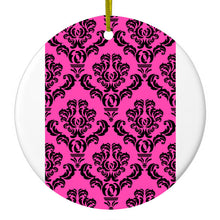 DistinctInk® Hanging Ceramic Christmas Tree Ornament with Gold String - Great Gift / Present - 2 3/4 inch Diameter - Pink Black Damask Pattern