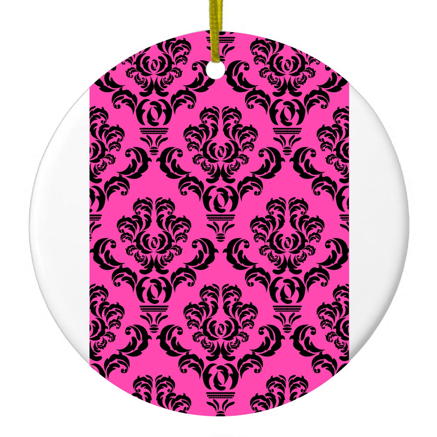 DistinctInk® Hanging Ceramic Christmas Tree Ornament with Gold String - Great Gift / Present - 2 3/4 inch Diameter - Pink Black Damask Pattern