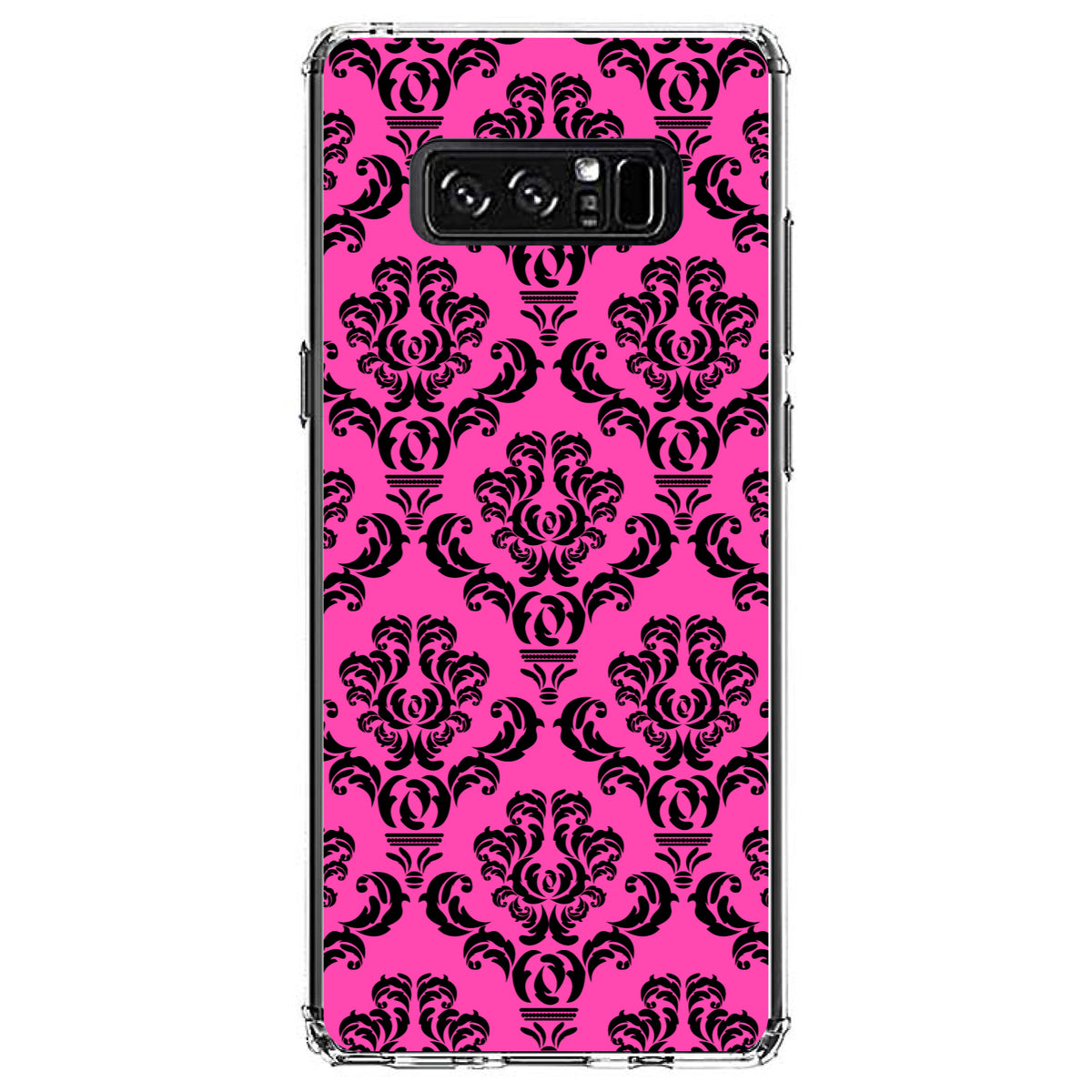 Pink Black Damask Pattern Clear Shockproof iPhone Case, view 12