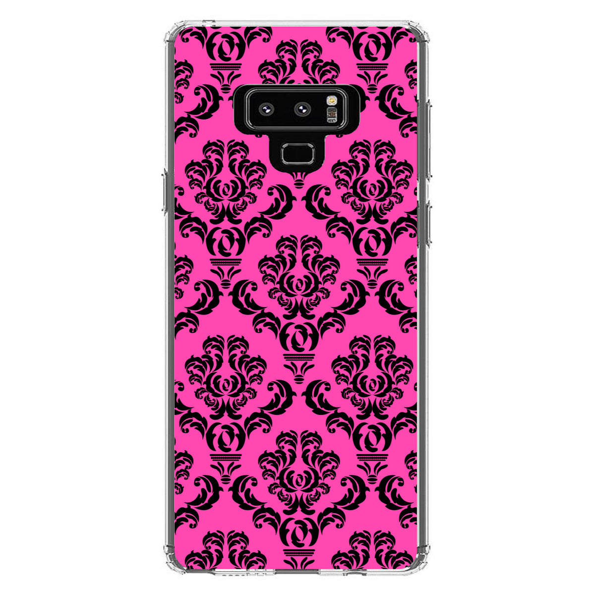 Pink Black Damask Pattern Clear Shockproof iPhone Case, view 11