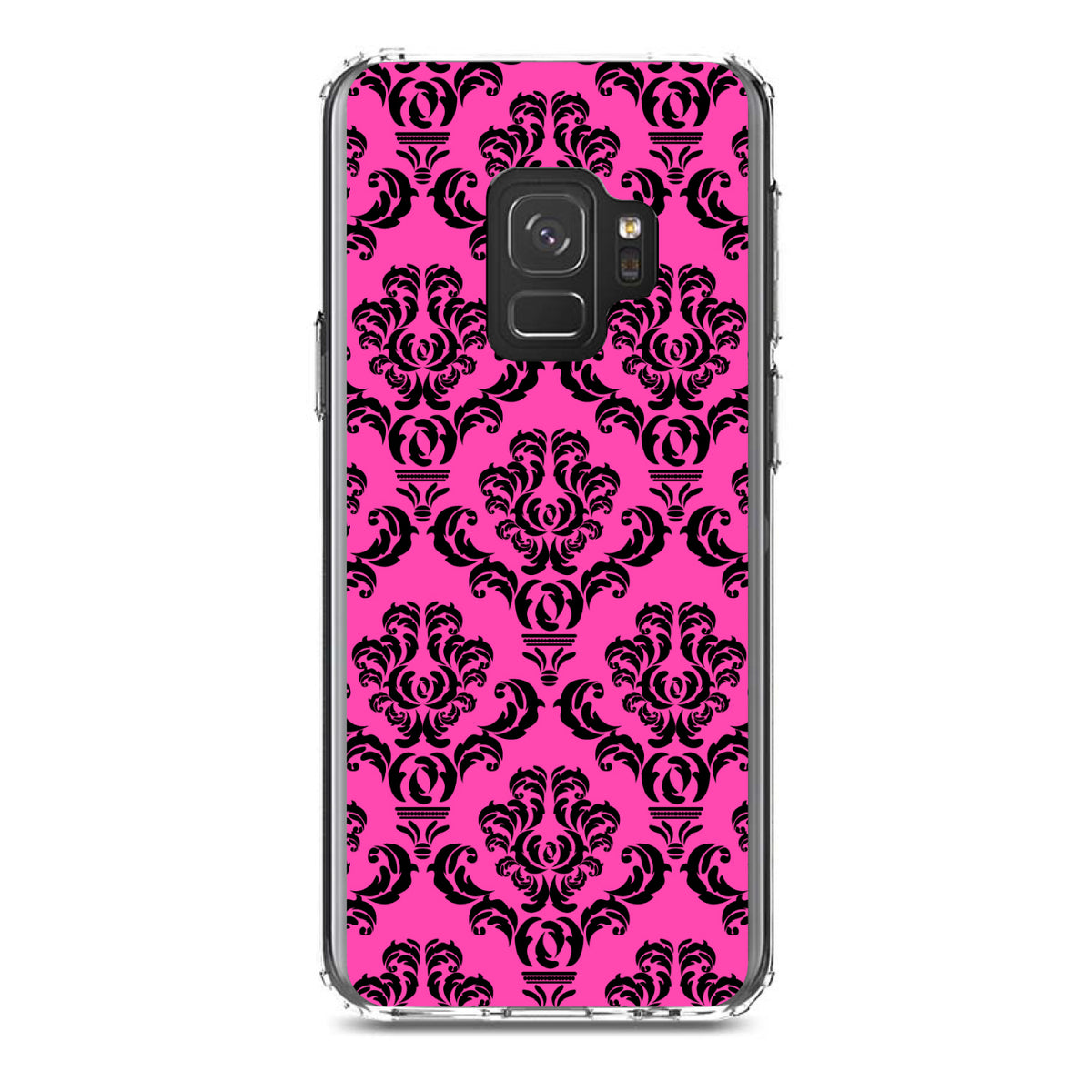 Pink Black Damask Pattern Clear Shockproof iPhone Case, view 19