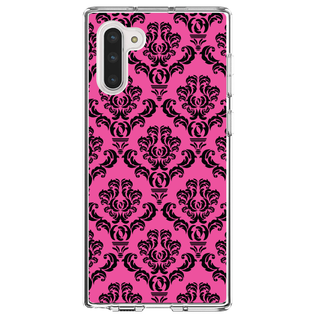 Pink Black Damask Pattern Clear Shockproof iPhone Case, view 9