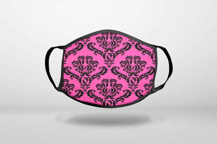 Pink Black Damask Pattern - 3-Ply Reusable Soft Face Mask Covering, Unisex, Cotton Inner Layer