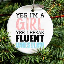 DistinctInk® Hanging Ceramic Christmas Tree Ornament with Gold String - Great Gift / Present - 2 3/4 inch Diameter - Yes I'm a Girl Yes I Speak Fluent Wrestling