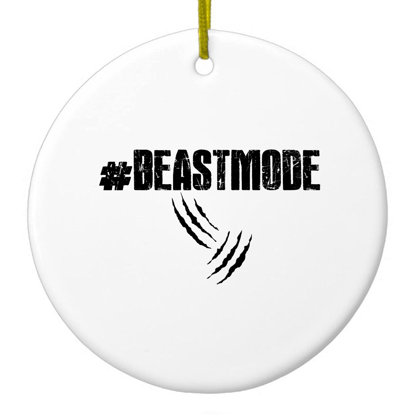 DistinctInk® Hanging Ceramic Christmas Tree Ornament with Gold String - Great Gift / Present - 2 3/4 inch Diameter - #Beastmode Beast Mode