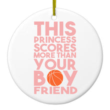DistinctInk® Hanging Ceramic Christmas Tree Ornament with Gold String - Great Gift / Present - 2 3/4 inch Diameter - This Princes Scores More Than Your Boyfriend