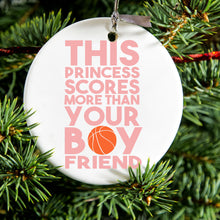 DistinctInk® Hanging Ceramic Christmas Tree Ornament with Gold String - Great Gift / Present - 2 3/4 inch Diameter - This Princes Scores More Than Your Boyfriend