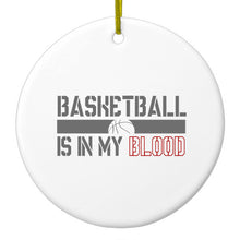 DistinctInk® Hanging Ceramic Christmas Tree Ornament with Gold String - Great Gift / Present - 2 3/4 inch Diameter - Basketball is in My Blood