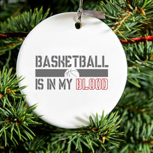 DistinctInk® Hanging Ceramic Christmas Tree Ornament with Gold String - Great Gift / Present - 2 3/4 inch Diameter - Basketball is in My Blood