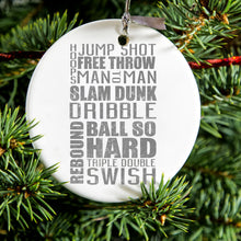 DistinctInk® Hanging Ceramic Christmas Tree Ornament with Gold String - Great Gift / Present - 2 3/4 inch Diameter - Basketball Word Art Jump Shot Free Throw