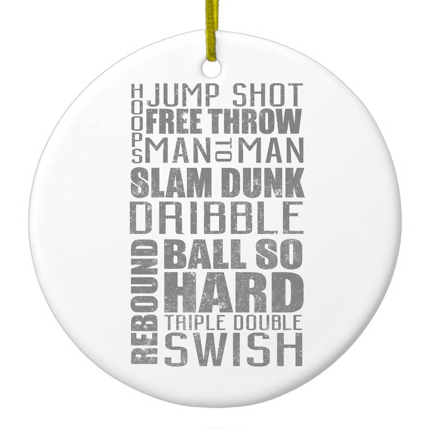 DistinctInk® Hanging Ceramic Christmas Tree Ornament with Gold String - Great Gift / Present - 2 3/4 inch Diameter - Basketball Word Art Jump Shot Free Throw