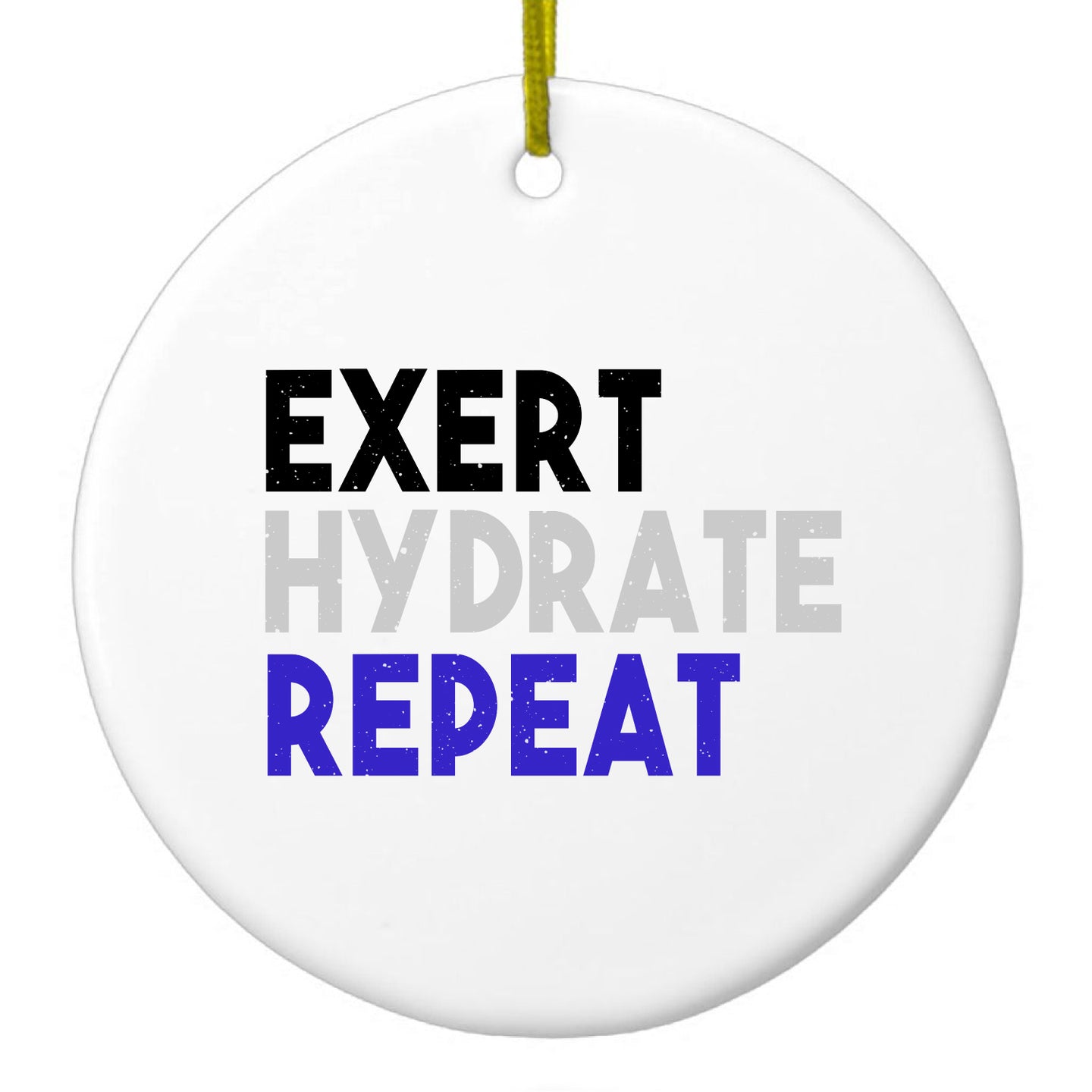 DistinctInk® Hanging Ceramic Christmas Tree Ornament with Gold String - Great Gift / Present - 2 3/4 inch Diameter - Exert Hydrate Repeat
