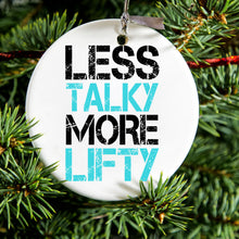 DistinctInk® Hanging Ceramic Christmas Tree Ornament with Gold String - Great Gift / Present - 2 3/4 inch Diameter - Less Talky More Lifty