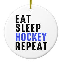 DistinctInk® Hanging Ceramic Christmas Tree Ornament with Gold String - Great Gift / Present - 2 3/4 inch Diameter - Eat Sleep Hockey Repeat
