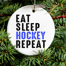 DistinctInk® Hanging Ceramic Christmas Tree Ornament with Gold String - Great Gift / Present - 2 3/4 inch Diameter - Eat Sleep Hockey Repeat