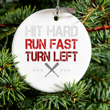 DistinctInk® Hanging Ceramic Christmas Tree Ornament with Gold String - Great Gift / Present - 2 3/4 inch Diameter - Hit Hard Run Fast Turn Left Baseball