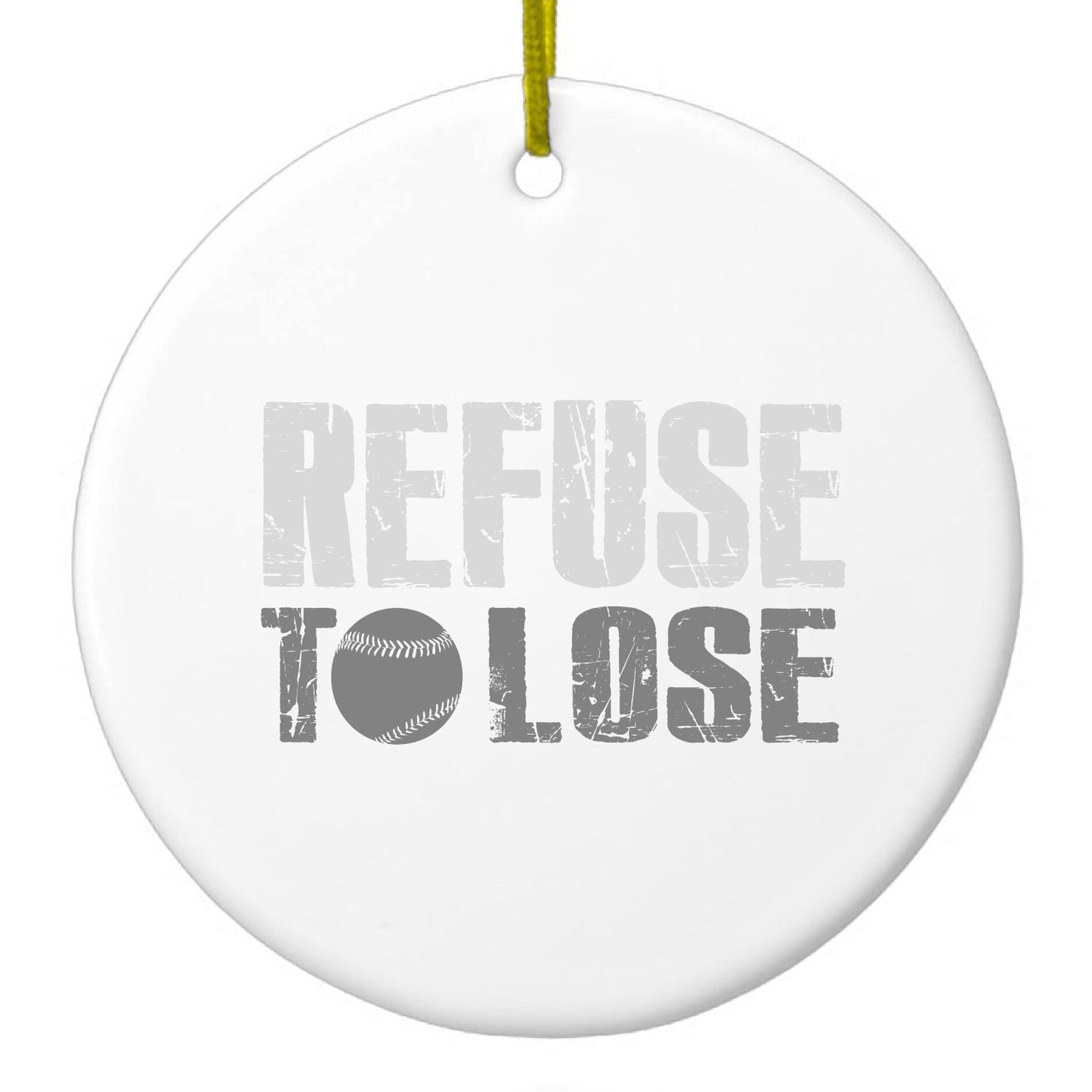 DistinctInk® Hanging Ceramic Christmas Tree Ornament with Gold String - Great Gift / Present - 2 3/4 inch Diameter - Refuse to Lose Baseball