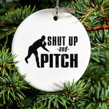 DistinctInk® Hanging Ceramic Christmas Tree Ornament with Gold String - Great Gift / Present - 2 3/4 inch Diameter - Shut Up & Pitch Baseball