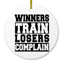 DistinctInk® Hanging Ceramic Christmas Tree Ornament with Gold String - Great Gift / Present - 2 3/4 inch Diameter - Winners Train Losers Complain