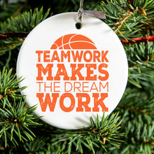 DistinctInk® Hanging Ceramic Christmas Tree Ornament with Gold String - Great Gift / Present - 2 3/4 inch Diameter - Teamwork Makes the Dream Work Basketball