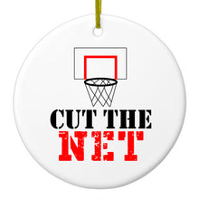 DistinctInk® Hanging Ceramic Christmas Tree Ornament with Gold String - Great Gift / Present - 2 3/4 inch Diameter - Cut the Net Basketball