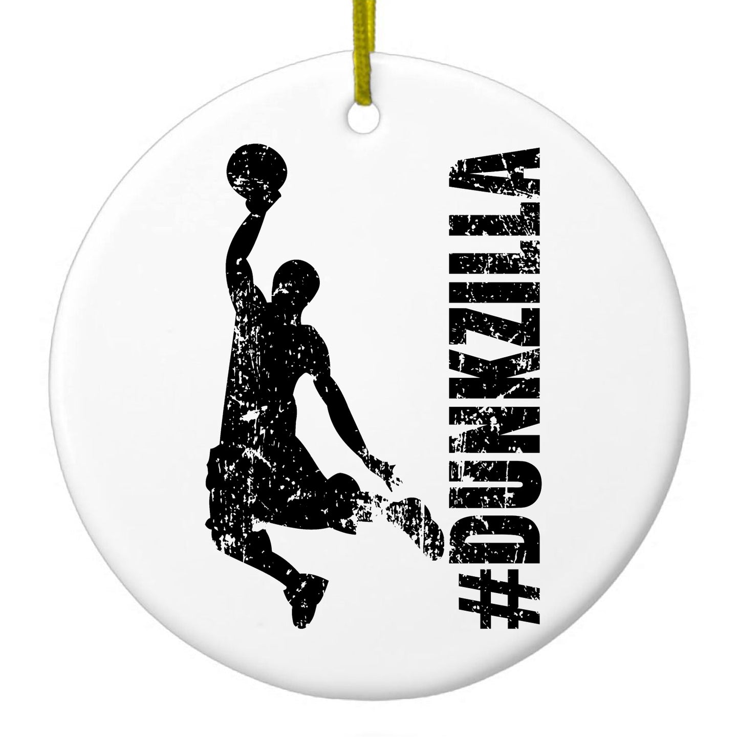 DistinctInk® Hanging Ceramic Christmas Tree Ornament with Gold String - Great Gift / Present - 2 3/4 inch Diameter - #Dunkzilla Dunk Basketball