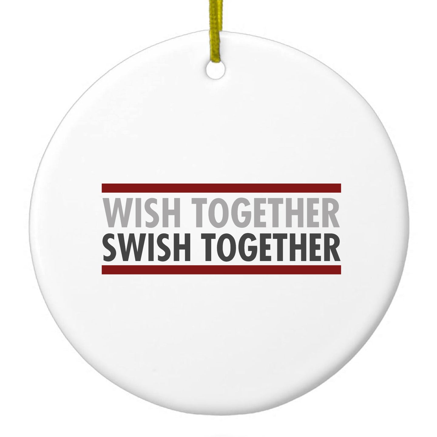 DistinctInk® Hanging Ceramic Christmas Tree Ornament with Gold String - Great Gift / Present - 2 3/4 inch Diameter - Wish Together Swish Together Basketball