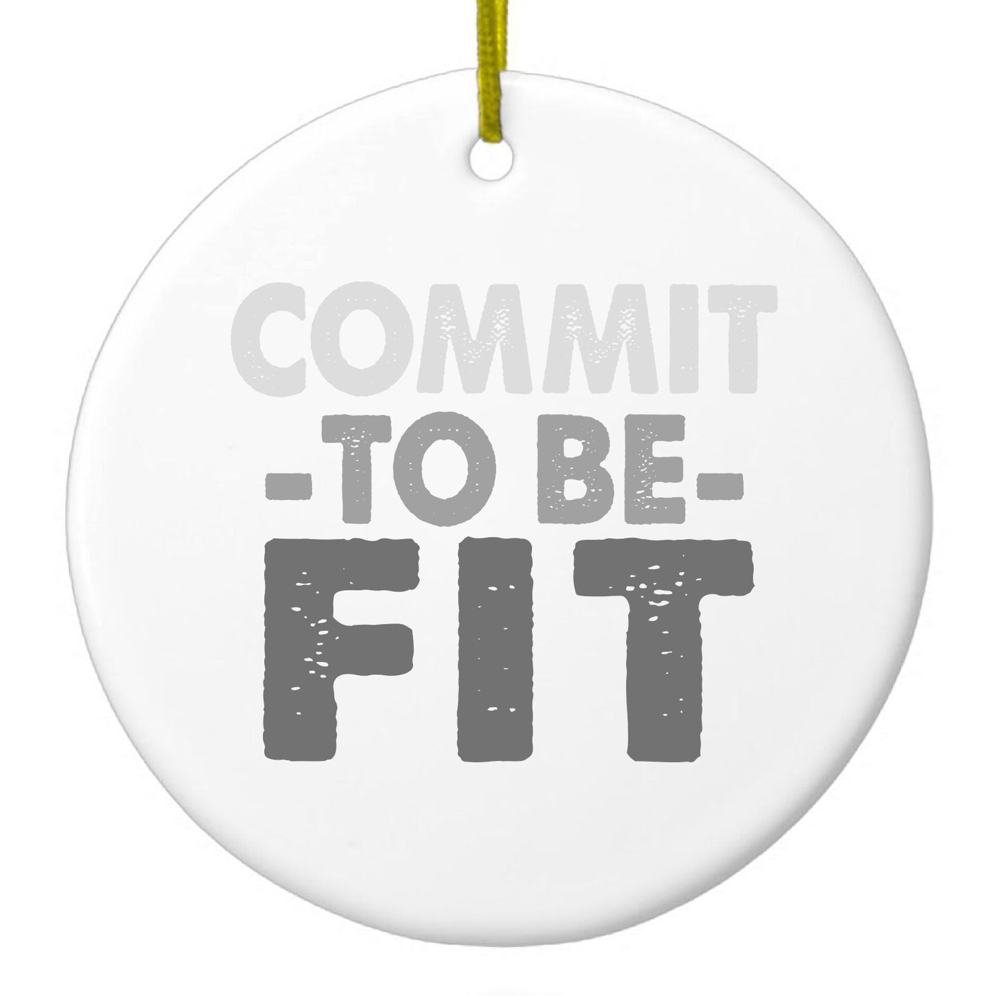 DistinctInk® Hanging Ceramic Christmas Tree Ornament with Gold String - Great Gift / Present - 2 3/4 inch Diameter - Commit To Be Fit