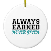 DistinctInk® Hanging Ceramic Christmas Tree Ornament with Gold String - Great Gift / Present - 2 3/4 inch Diameter - Always Earned Never Given