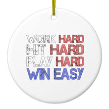 DistinctInk® Hanging Ceramic Christmas Tree Ornament with Gold String - Great Gift / Present - 2 3/4 inch Diameter - Work Hard Hit Hard Play Hard Win Easy