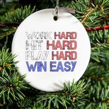 DistinctInk® Hanging Ceramic Christmas Tree Ornament with Gold String - Great Gift / Present - 2 3/4 inch Diameter - Work Hard Hit Hard Play Hard Win Easy