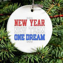 DistinctInk® Hanging Ceramic Christmas Tree Ornament with Gold String - Great Gift / Present - 2 3/4 inch Diameter - New Year New Team One Dream