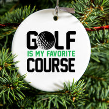 DistinctInk® Hanging Ceramic Christmas Tree Ornament with Gold String - Great Gift / Present - 2 3/4 inch Diameter - Golf Is MY Favorite Course