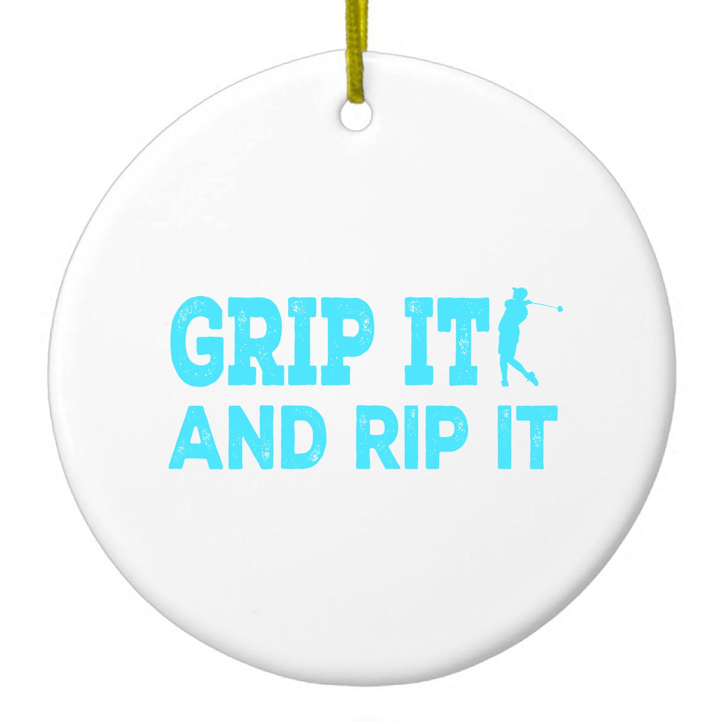 DistinctInk® Hanging Ceramic Christmas Tree Ornament with Gold String - Great Gift / Present - 2 3/4 inch Diameter - Golf Grip It And Rip It