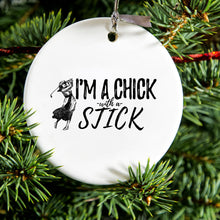 DistinctInk® Hanging Ceramic Christmas Tree Ornament with Gold String - Great Gift / Present - 2 3/4 inch Diameter - I'm a Chick with a Stick Golf
