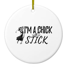 DistinctInk® Hanging Ceramic Christmas Tree Ornament with Gold String - Great Gift / Present - 2 3/4 inch Diameter - I'm a Chick with a Stick Golf