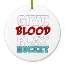 DistinctInk® Hanging Ceramic Christmas Tree Ornament with Gold String - Great Gift / Present - 2 3/4 inch Diameter - Give Blood Play Hockey