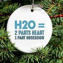 DistinctInk® Hanging Ceramic Christmas Tree Ornament with Gold String - Great Gift / Present - 2 3/4 inch Diameter - H20 = 2 Parts Heart 1 Part Obsession