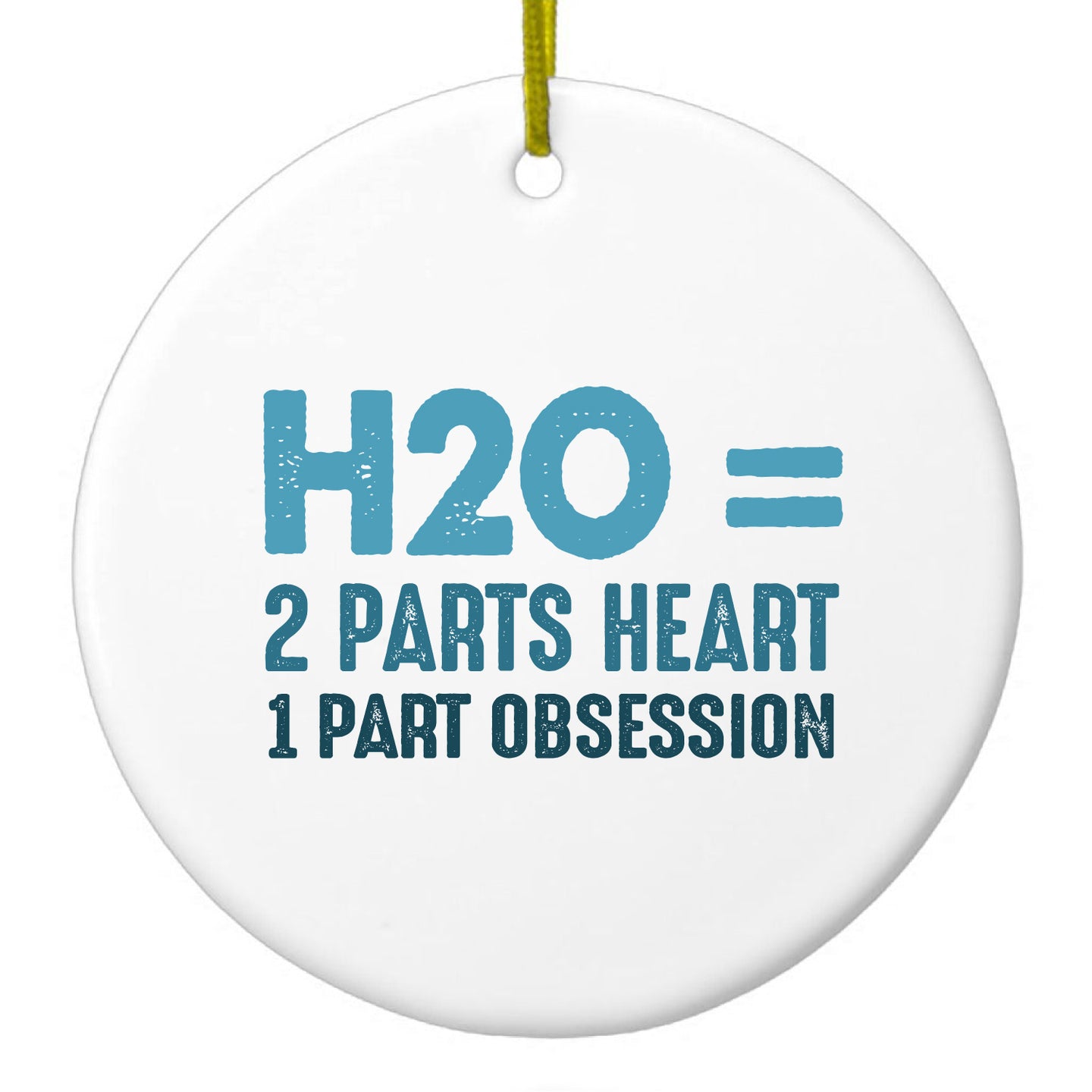 DistinctInk® Hanging Ceramic Christmas Tree Ornament with Gold String - Great Gift / Present - 2 3/4 inch Diameter - H20 = 2 Parts Heart 1 Part Obsession