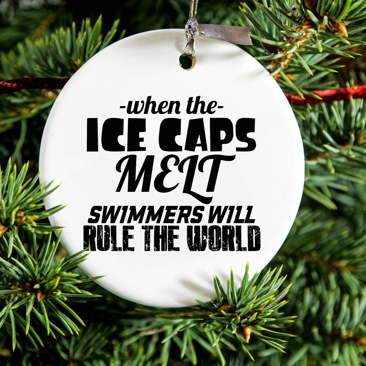 When Ice Caps Melt Swimmer Rule the World Ceramic Ornament, view 2