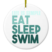 DistinctInk® Hanging Ceramic Christmas Tree Ornament with Gold String - Great Gift / Present - 2 3/4 inch Diameter - Life Is Simple Eat Sleep Swim