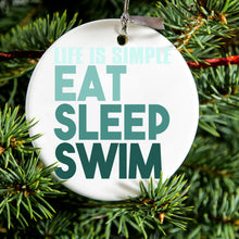 DistinctInk® Hanging Ceramic Christmas Tree Ornament with Gold String - Great Gift / Present - 2 3/4 inch Diameter - Life Is Simple Eat Sleep Swim