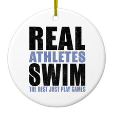 DistinctInk® Hanging Ceramic Christmas Tree Ornament with Gold String - Great Gift / Present - 2 3/4 inch Diameter - Real Athletes Swim Rest Play Games