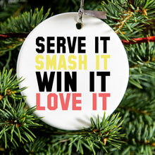DistinctInk® Hanging Ceramic Christmas Tree Ornament with Gold String - Great Gift / Present - 2 3/4 inch Diameter - Serve It Smash It Win It Love It Tennis