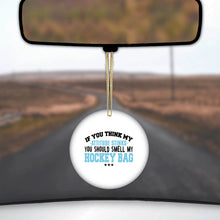 DistinctInk® Hanging Ceramic Christmas Tree Ornament with Gold String - Great Gift / Present - 2 3/4 inch Diameter - Think My Attitude Stinks Smelly My Hockey Bag