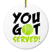 DistinctInk® Hanging Ceramic Christmas Tree Ornament with Gold String - Great Gift / Present - 2 3/4 inch Diameter - You Got Served Tennis