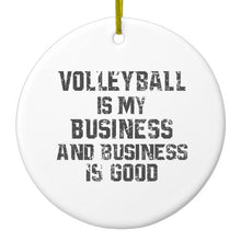 DistinctInk® Hanging Ceramic Christmas Tree Ornament with Gold String - Great Gift / Present - 2 3/4 inch Diameter - Volleyball is My Business Business Is Good