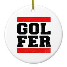 DistinctInk® Hanging Ceramic Christmas Tree Ornament with Gold String - Great Gift / Present - 2 3/4 inch Diameter - Golfer Word Art
