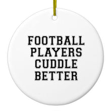 DistinctInk® Hanging Ceramic Christmas Tree Ornament with Gold String - Great Gift / Present - 2 3/4 inch Diameter - Football Players Cuddle Better