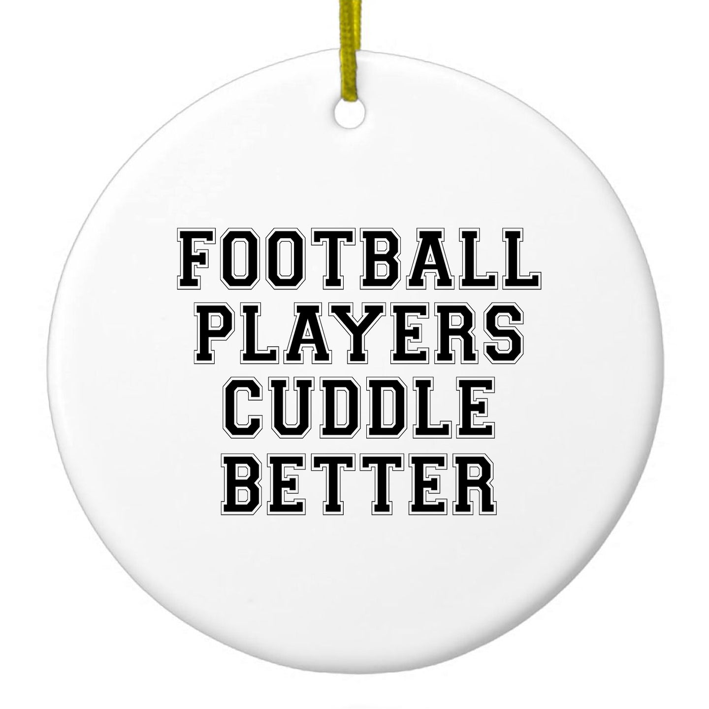 DistinctInk® Hanging Ceramic Christmas Tree Ornament with Gold String - Great Gift / Present - 2 3/4 inch Diameter - Football Players Cuddle Better